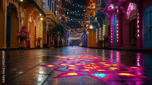 A colorful street scene during Janmashtami celebrations, with decorative rangoli patterns on the ground and festive lights adorning the buildings. photo