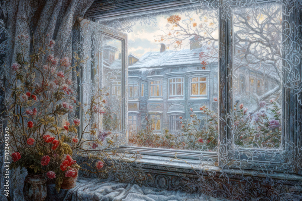 cozy winter view from the window. In the foreground is a window sill with flowering plants in pots and curtains with an exquisite pattern. 