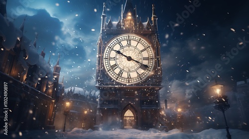 A surreal clock tower counting down the moments until Christmas, surrounded by a flurry of snowflakes in a timeless winter wonderland.