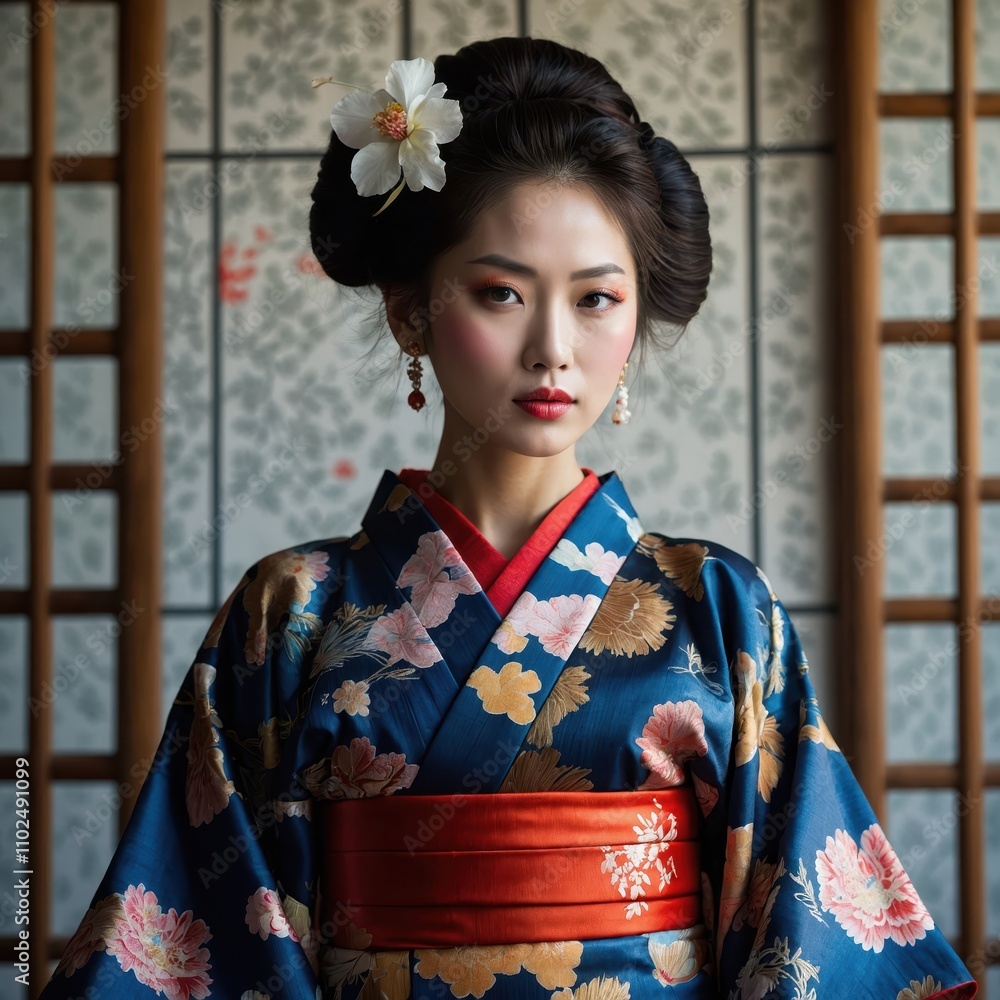 A beautiful, elegant woman dressed in a traditional kimono, exuding grace and cultural sophistication, with intricate patterns enhancing her timeless beauty A beautiful, elegant woman dressed in a traditional kimono, exuding grace and cultural sophistication, with intricate patterns enhancing her timeless beauty