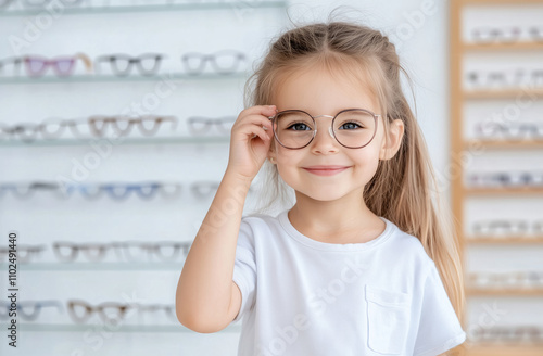 Smiling girl wearing round glasses and white shirt in an optical shop