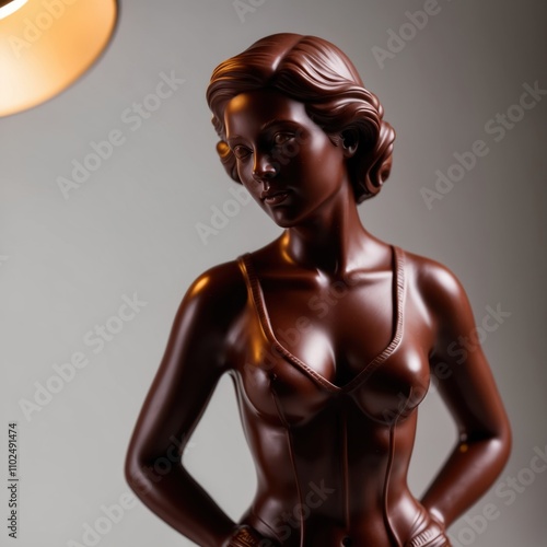 A delicate chocolate figurine of a woman, crafted with intricate details, showcasing smooth textures and a rich, glossy finish, capturing elegance in edible art