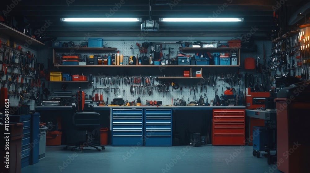 A pristine garage setting with organized toolboxes and shelves filled with automotive parts, A pristine garage setting with organized toolboxes and shelves filled with automotive parts,
