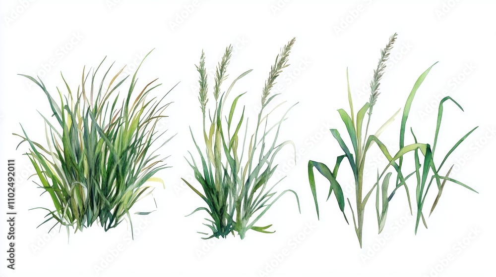 set Watercolor green grass isolated on white background. Hand drawn illustration. set Watercolor green grass isolated on white background. Hand drawn illustration.