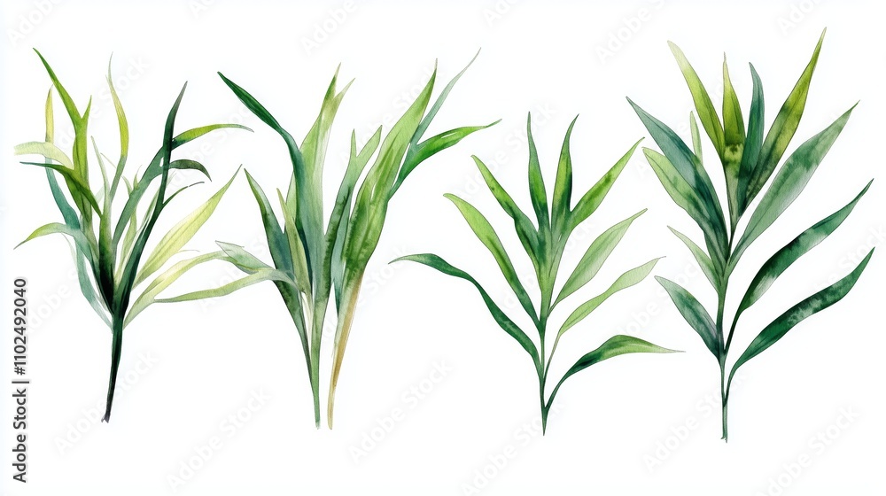 Obraz premium set Watercolor green grass isolated on white background. Hand drawn illustration.