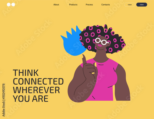 Thinking people, modern flat vector concept illustration- woman standing thoughtfully, looking upwards, bubble near head Metaphor for reflection, analysis, introspection, contemplation, deep thought