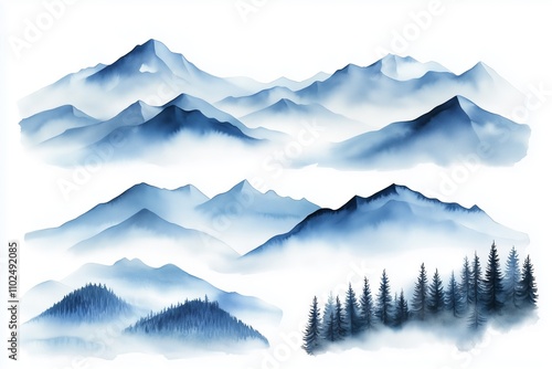 Set with sunshine mountains in fog, clouds, pinetrees. Watercolor illustration isolated on white background.  photo