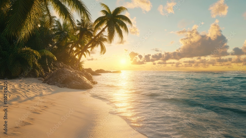 alm beach with crystal-clear water, soft white sand, and palm trees gently leaning over the shore, with the golden glow of the setting sun creating a peaceful ambiance. alm beach with crystal-clear water, soft white sand, and palm trees gently leaning over the shore, with the golden glow of the setting sun creating a peaceful ambiance.