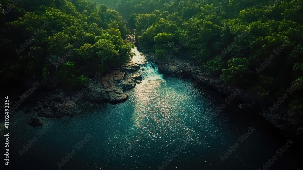 An aerial view of the Dudh Sagar Waterfall nestled within the forest, showcasing the beauty of nature and the flowing water below. An aerial view of the Dudh Sagar Waterfall nestled within the forest, showcasing the beauty of nature and the flowing water below.