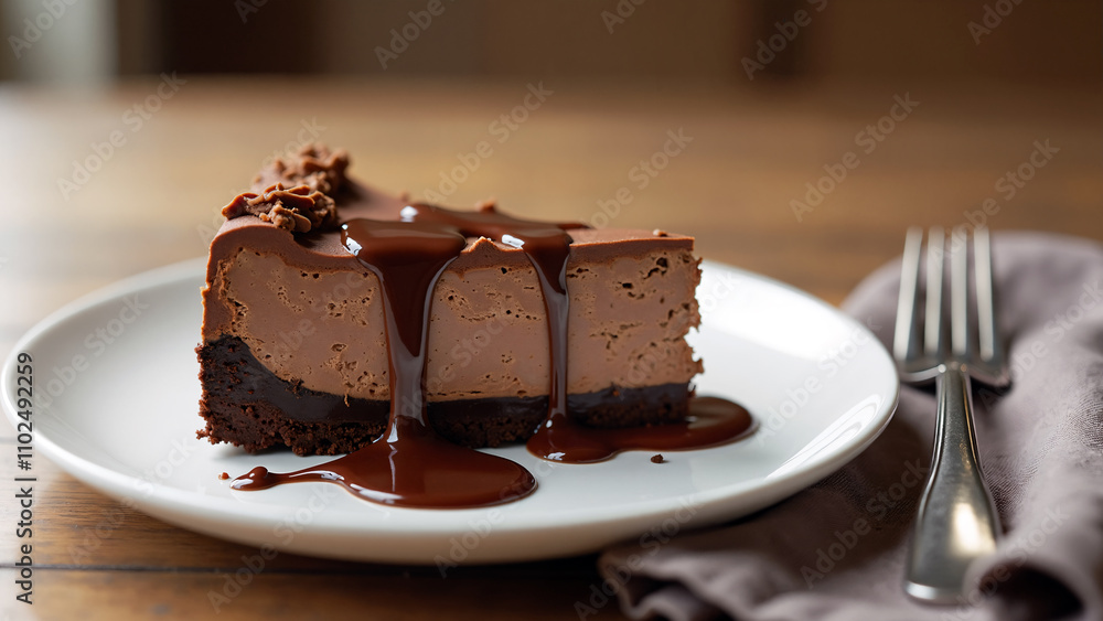 A rich and creamy slice of chocolate cheesecake with a smooth chocolate ganache topping and dripping sauce, resting on a crunchy biscuit base, highlighted on a white plate. Some copy space A rich and creamy slice of chocolate cheesecake with a smooth chocolate ganache topping and dripping sauce, resting on a crunchy biscuit base, highlighted on a white plate. Some copy space