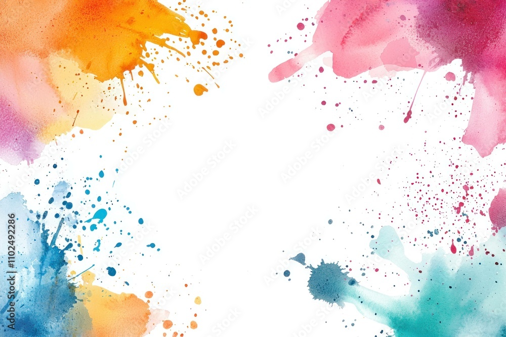 Fototapeta premium Colorful watercolor splashes creating a vibrant frame, perfect for artistic backgrounds or invitations with a creative flair.