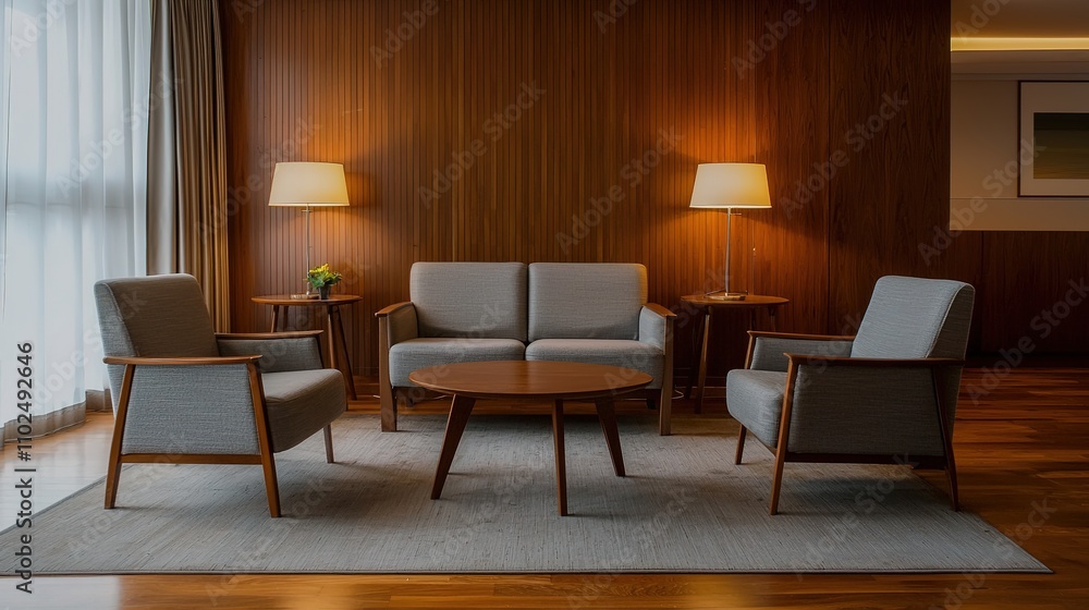 A cozy living room featuring modern furniture, warm lighting, and a wooden accent wall, creating an inviting atmosphere for relaxation. A cozy living room featuring modern furniture, warm lighting, and a wooden accent wall, creating an inviting atmosphere for relaxation.