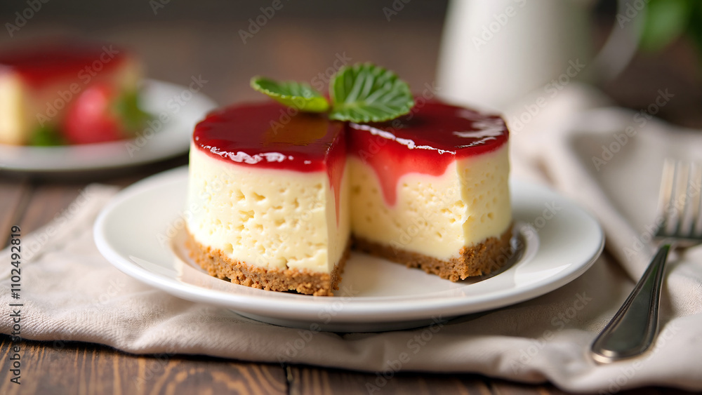 A luscious sliced creamy cheesecake topped with a vibrant layer of glossy red fruit sauce, garnished with a fresh mint leaf. The dessert is served on a white plate with a rustic wooden table backdrop. A luscious sliced creamy cheesecake topped with a vibrant layer of glossy red fruit sauce, garnished with a fresh mint leaf. The dessert is served on a white plate with a rustic wooden table backdrop.
