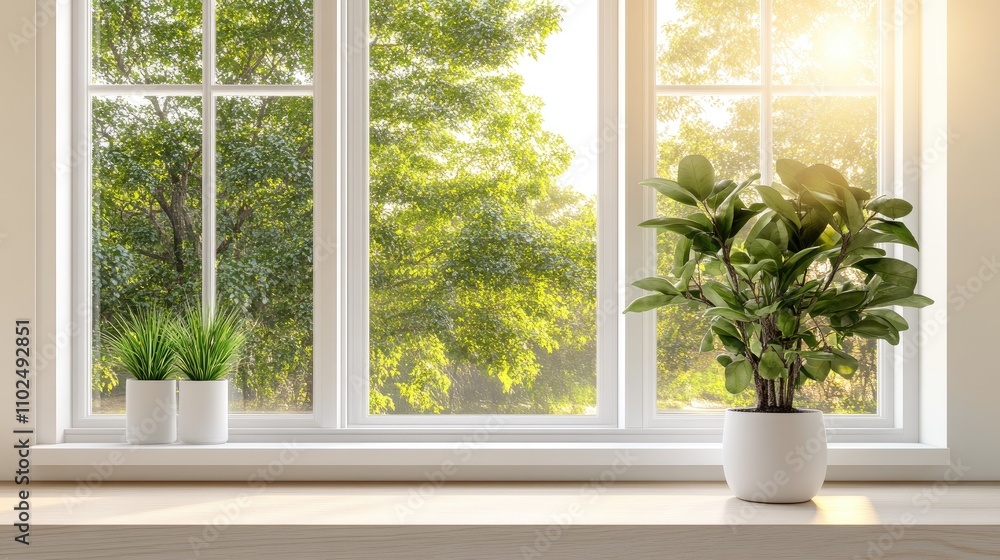Close-up of a white bay window revealing reflections and soft light while featuring clean lines and a blurred backdrop of trees outside Close-up of a white bay window revealing reflections and soft light while featuring clean lines and a blurred backdrop of trees outside