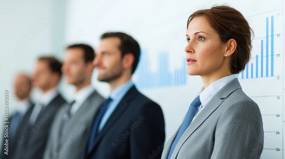 A group of professionals in business attire stands in a line, focusing on a woman in front, with a graph in the background suggesting a corporate setting. A group of professionals in business attire stands in a line, focusing on a woman in front, with a graph in the background suggesting a corporate setting.
