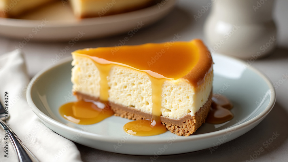 A delicious slice of creamy cheesecake drizzled with golden syrup or honey. The cheesecake sits on a crumbly biscuit base, served on an elegant white plate. A delicious slice of creamy cheesecake drizzled with golden syrup or honey. The cheesecake sits on a crumbly biscuit base, served on an elegant white plate.