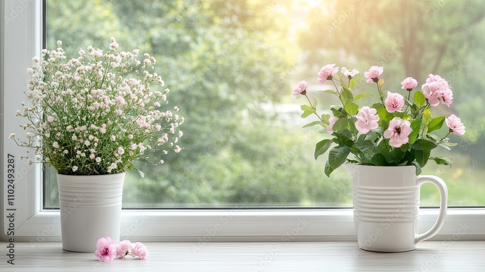 Close-up of a white bay window revealing reflections and soft light while featuring clean lines and a blurred backdrop of trees outside Close-up of a white bay window revealing reflections and soft light while featuring clean lines and a blurred backdrop of trees outside