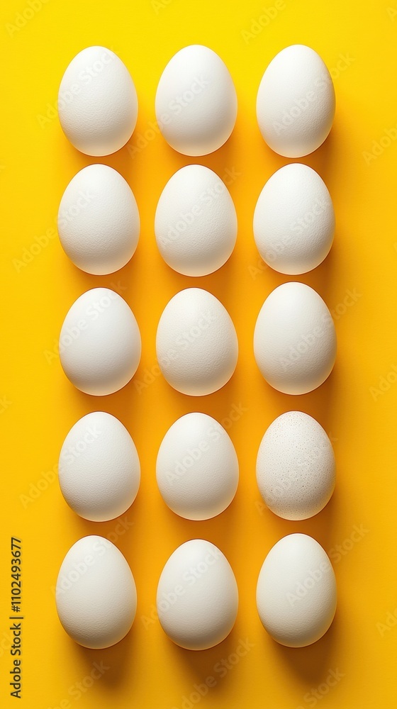 Twelve white eggs arranged neatly on a vibrant yellow background, AI Twelve white eggs arranged neatly on a vibrant yellow background, AI