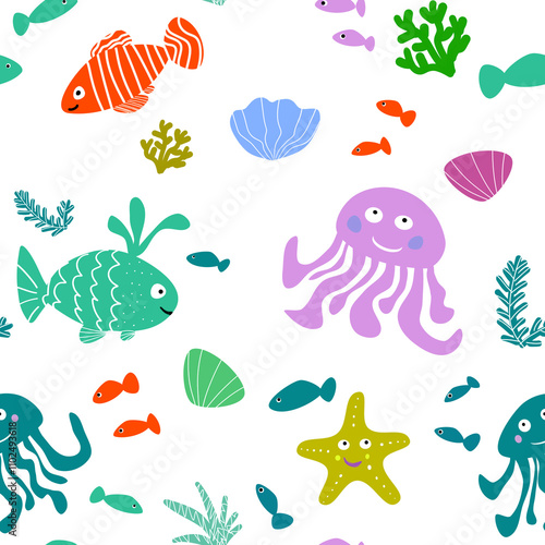 Seamless illustration with sea creatures.