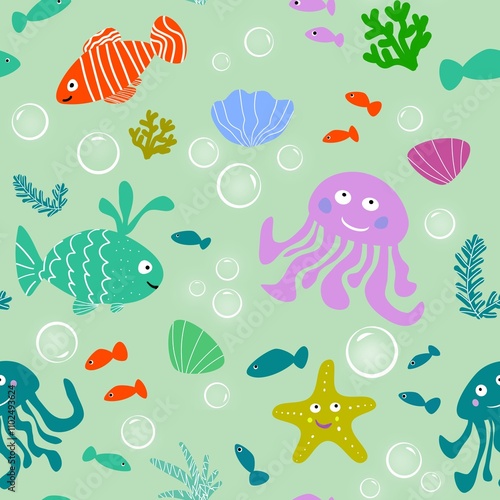 Underwater world. Seamless children's pattern with fish. Illustration.
