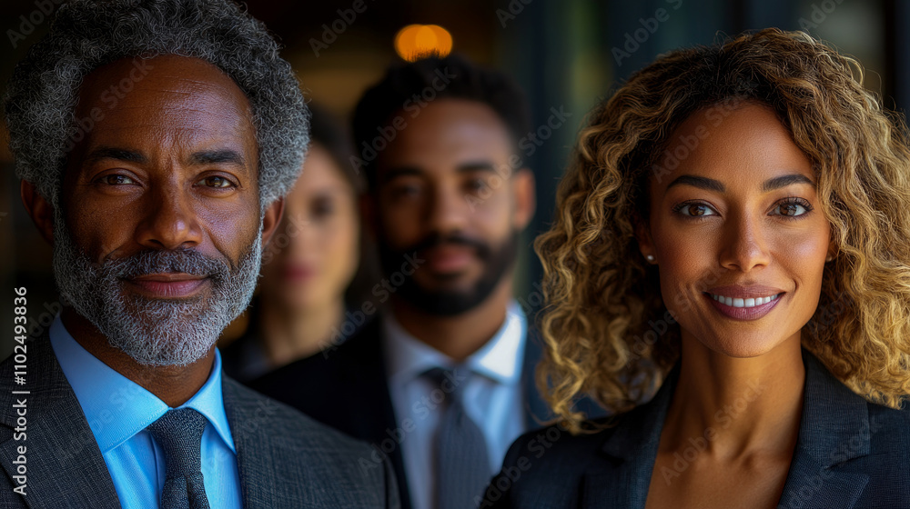 A diverse group of professionals stands together in a contemporary office, showcasing teamwork and confidence in a corporate setting at dusk A diverse group of professionals stands together in a contemporary office, showcasing teamwork and confidence in a corporate setting at dusk