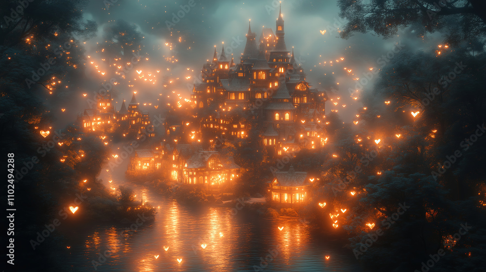 Fototapeta premium Magical village illuminated by warm glowing lights along the river at dusk. Generative AI