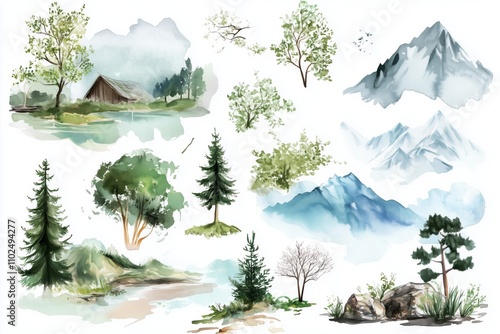 spring Mountains and forest set, landscape design watercolor hand painting. Isolated on white background.  photo