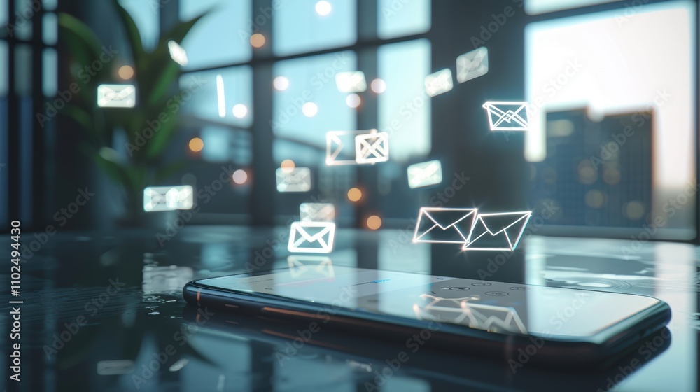 Digital Communication Concept in Modern Office with 3D Email Icons and Cityscape Views Digital Communication Concept in Modern Office with 3D Email Icons and Cityscape Views
