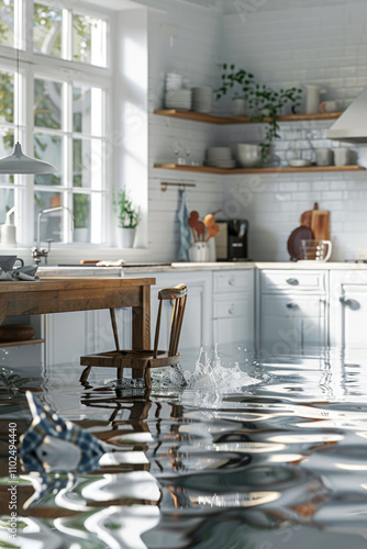 Bright flooded kitchen with sunlight filtering through windows and water covering the floor