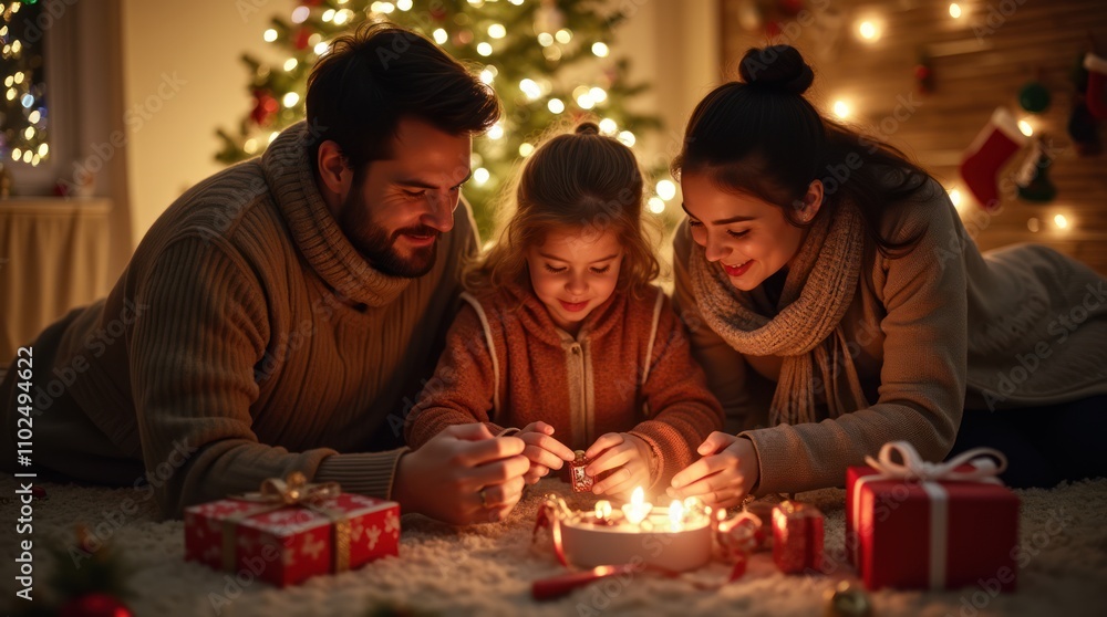A Cozy Family Gathering By The Christmas Tree With Warm Lighting A Cozy Family Gathering By The Christmas Tree With Warm Lighting