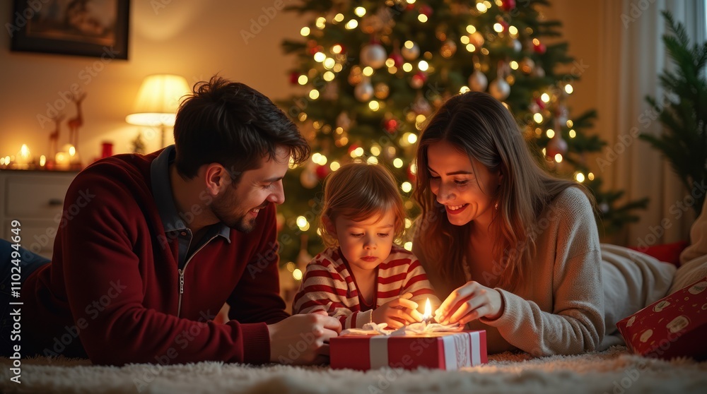 Family Celebrating Christmas Together By A Decorated Tree Family Celebrating Christmas Together By A Decorated Tree
