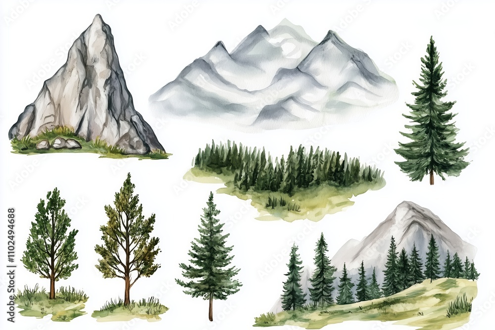 Fototapeta premium spring Mountains and forest set, landscape design watercolor hand painting. Isolated on white background.