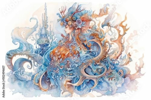 a mysterious sea fairy or goddess surrounded by elements of the underwater world.  photo