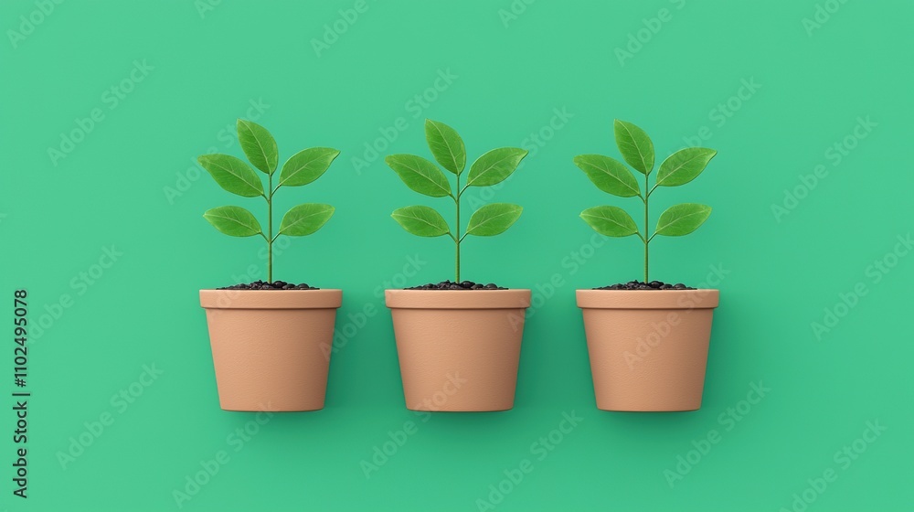 Three potted plants with vibrant green leaves against a bright turquoise background, showcasing growth and vitality. Three potted plants with vibrant green leaves against a bright turquoise background, showcasing growth and vitality.