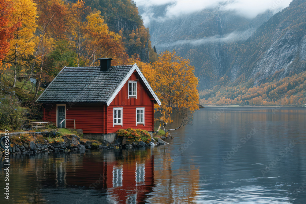 Fototapeta premium cozy red house located on the shore of a calm lake. 