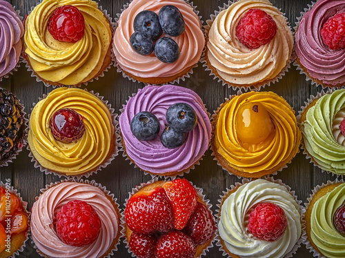 delicious cupcakes with different colorful frosting and fruit on top, in various styles, on a dark wood background, 2 photo