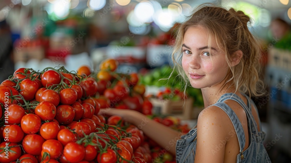 Woman Selecting Ripe Tomatoes at a Bustling Farmers' Market Woman Selecting Ripe Tomatoes at a Bustling Farmers' Market
