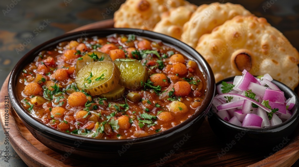 Serving of Chole Bhature with a side of pickles and onions Serving of Chole Bhature with a side of pickles and onions