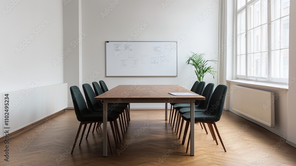 A modern conference room featuring a large wooden table, black chairs, and a whiteboard against a bright, minimalistic backdrop. A modern conference room featuring a large wooden table, black chairs, and a whiteboard against a bright, minimalistic backdrop.