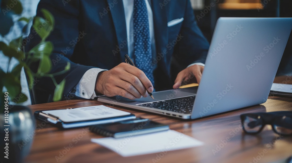 Executive organizes laptop and documents in a modern office setting during a busy workday Executive organizes laptop and documents in a modern office setting during a busy workday