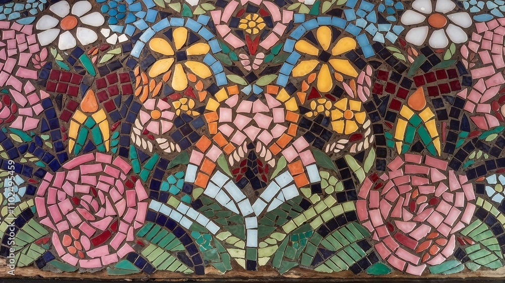 Floral mosaic background with intricate and artistic floral pattern made from vibrant ceramic tiles Floral mosaic background with intricate and artistic floral pattern made from vibrant ceramic tiles