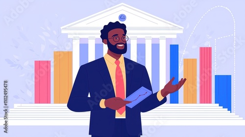 A professional man presents data in front of a government building, showcasing a business or financial theme with colorful bar graphs.