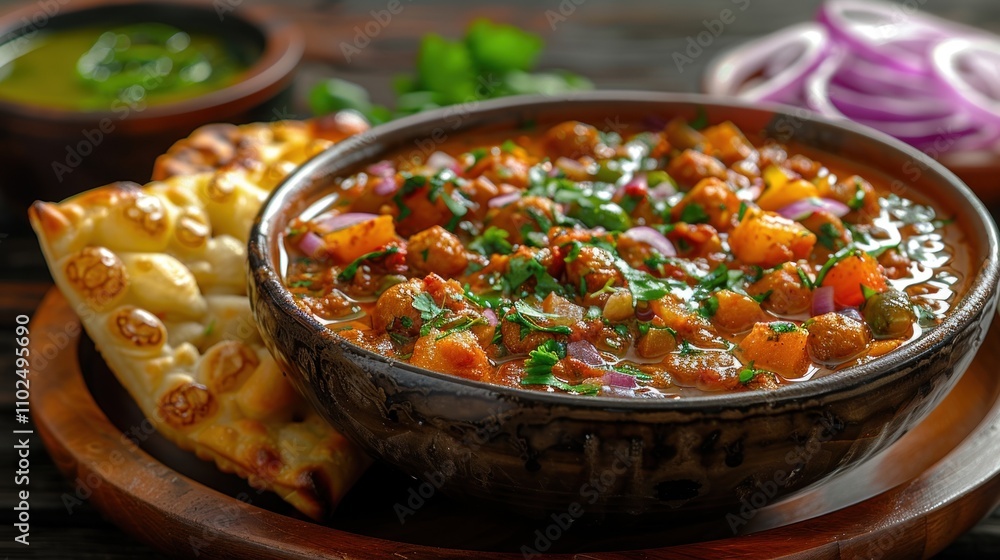 Serving of Chole Bhature with a side of pickles and onions