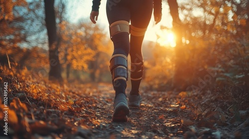 Person with knee brace walking outdoors, postinjury recovery, sunlight photo