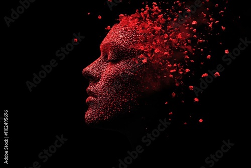 Abstract face disintegrating into red particles  exploring human identity and ai in a digital age