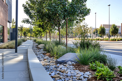 A modern urban streetscape featuring rain gardens and bioswales along the sidewalks, designed to manage stormwater runoff. photo