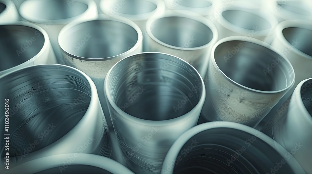 Close-up of numerous metallic cylindrical tubes, subtly textured. Close-up of numerous metallic cylindrical tubes, subtly textured.