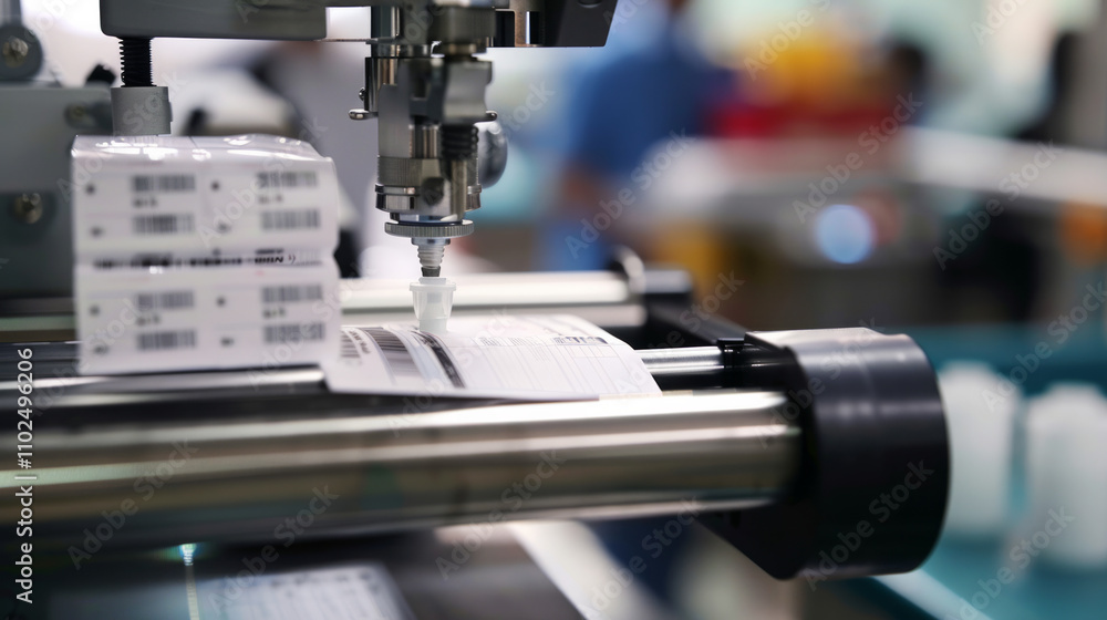Fototapeta premium Prescription labels being printed in a modern pharmacy during a busy workday