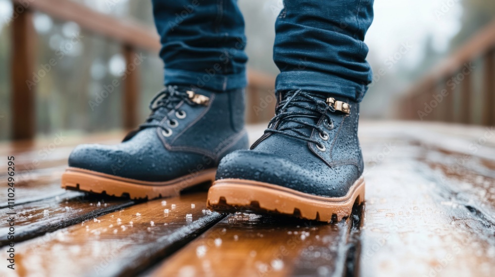 Stylish Waterproof Boots on a Wet Wooden Deck in the Rain, Showcasing Modern Footwear Fashion and Functional Design for Outdoor Enthusiasts Stylish Waterproof Boots on a Wet Wooden Deck in the Rain, Showcasing Modern Footwear Fashion and Functional Design for Outdoor Enthusiasts