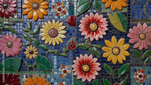 Floral mosaic background, intricate floral pattern made from colorful ceramic tiles